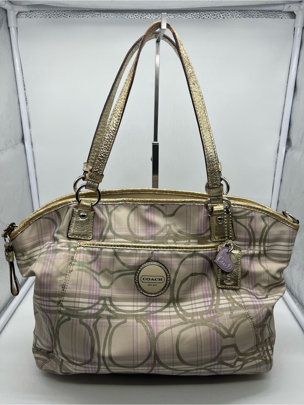 COACH F18443 Signature Sateen Tartan Plaid Beige Gold Pocket Tote Shoulder Bag